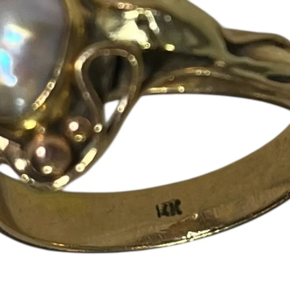 Womans 7.25 14K Tri-Color Gold Ring w/ Freshwater Pearl, Leaf Pattern 5.79g - Picture 6 of 12